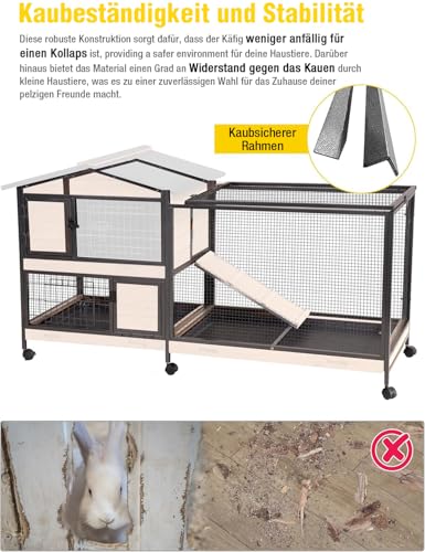 Image of Aivituvin Rabbit Hutch with Buy-Free Metal Frame - Indoor & Outdoor Rabbit Run with Wheels and Leak-proof Storage Tray (Wood Colour)