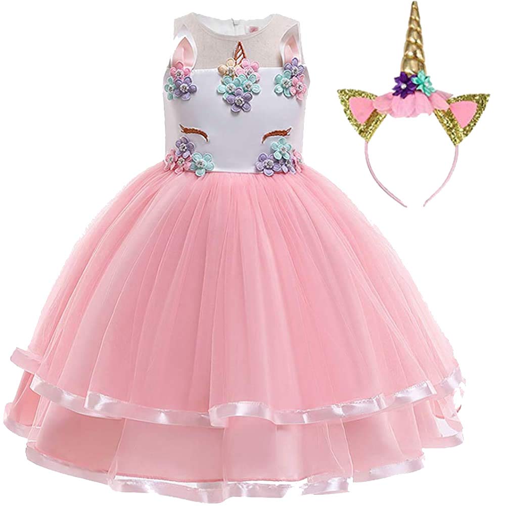 Unicorn Dress, Unicorn Costume Girls Princess Fancy Dress with Headband for Kids & Toddlers Birthday/Cosplay/Hallween Party, Age 2-10 Years