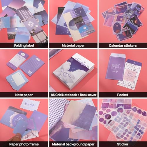 Image of Niwlix Aesthetic Scrapbook Kit, 346 Pcs, A6 Grid Notebook, Scrapbook /Background Papers, Folding Labels, Envelopes, Washi, Photo Frames, Calendar Stickers, DIY Gift Journaling Kit for Teen Girl Women