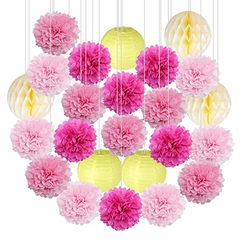 Lampara de Papel 24pcs / Set Rosa Azul púrpura Papel Linterna Tejido Pompones Flor Bola niños Fiesta de cumpleaños decoración de la Boda LáMparas de Linterna de Papel