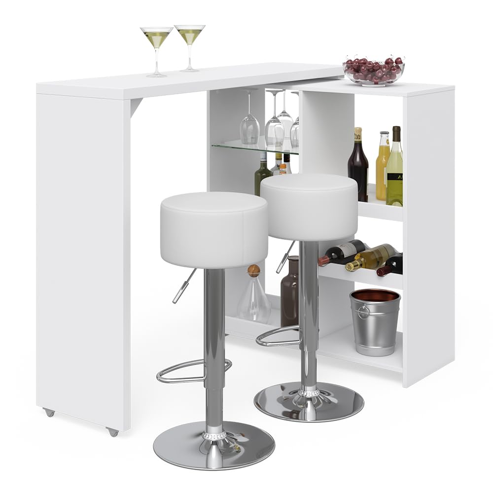 Vicco Set de Mesa de Bar Vega, Blanco, 138 x 39 cm con 2 taburetes de Bar, Plegable con estantes Abiertos para Almacenamiento