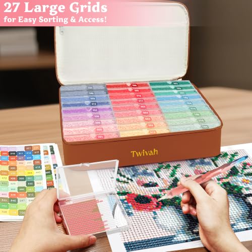 Image of twivah 27 Pcs Diamond Art Storage with Bag, 2-in-1 Diamond Art Trays Container with Lids, Diamond Painting Accessories with Color Stick, Diamond Art Kits for Adults & Kids Christmas, Birthday (Brown)