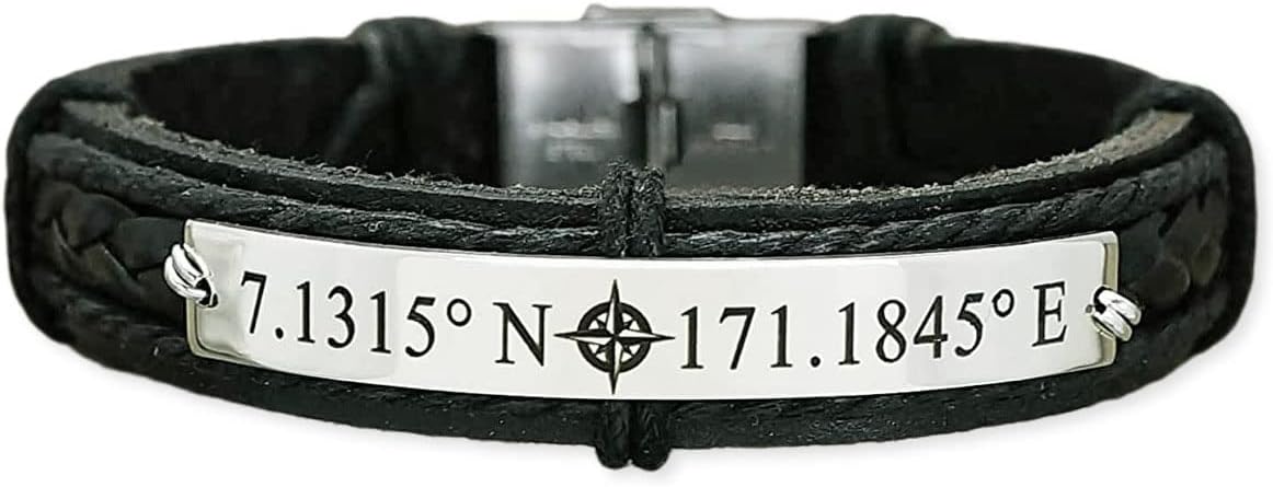Latitude Longitude Bracelet for Men, Custom Coordinate, Silver Compass Engraved Location Cuff, Male Brown Leather, Gift for Him