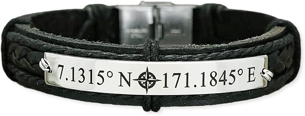 Latitude Longitude Bracelet for Men, Custom Coordinate, Silver Compass Engraved Location Cuff, Male Brown Leather, Gift for Him