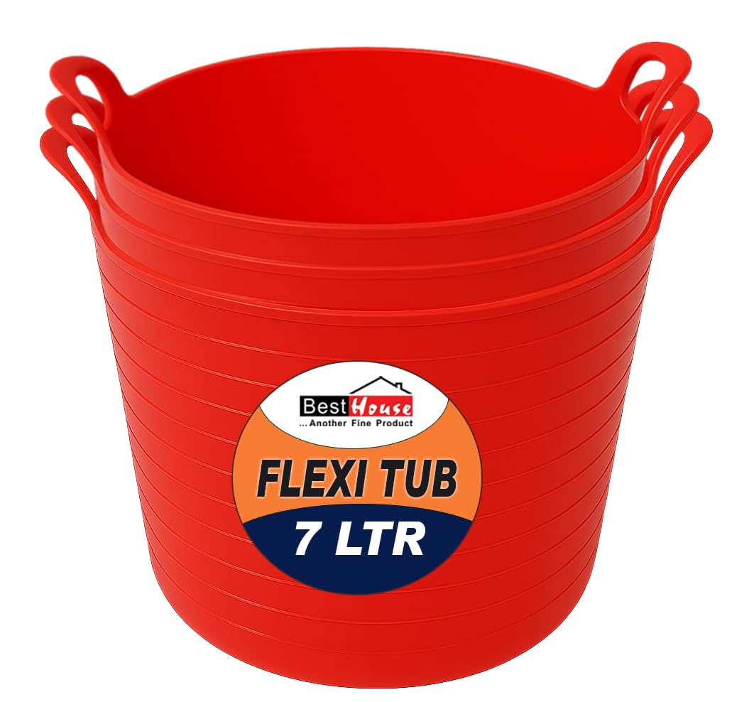 Best House | 3 Pcs of Flexi Tub with Handles | Small Size | Mini | 7 Litres | Red | Garden Tubs | Plastic Storage Container for Home, Washing, Garden Waste and DIY Projects — image 1
