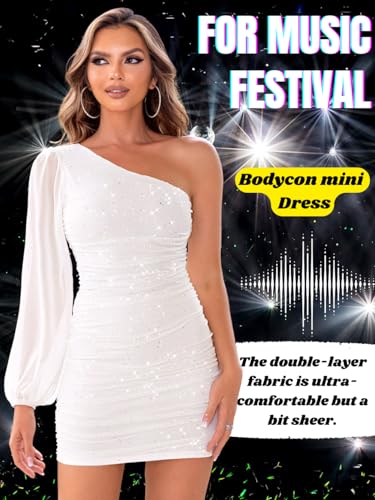 Image of ShawGobow Sparkly Outfits for Women,One Shoulder Ruched Bodycon Short Prom Dress,Sexy Dresses Cocktail Homecoming Nye