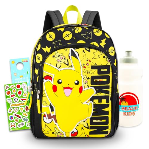 Nintendo Mochila Pokemon para meninos de 8 a 12 anos – Pacote com mochila Pikachu de 41 cm, fichário de cartão Pokémon, garrafa de água, adesivos, mais | Mochila Pokemon para conjunto escolar