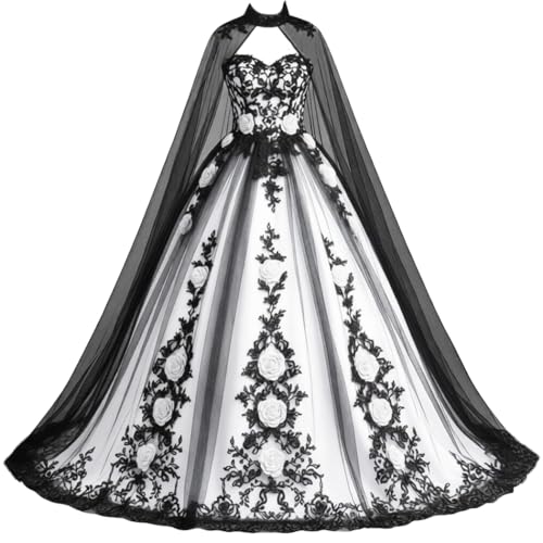 Gothic Black Ball Gown Wedding Dress with Removable Cape Strapless