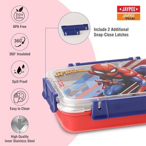 Image of JAYPEE Toon Box 3 Marvel Series Spider Man Inner Stainless Steel Insulated 3 Cavity Lunch Box for School Kids |Airtight Leakproof Tiffin Box with 2 Additional Lock |100% Food Grade|625 ml,Red