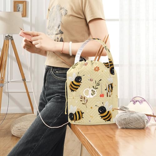 Image of Tatenale Crochet Bag Yarn Bag Knitting Project Bag with Pockets and Handle Portable Yarn Storage Organizer Tangle Free 8.3x11 InchLight Yellow Bees Flowers Dots24