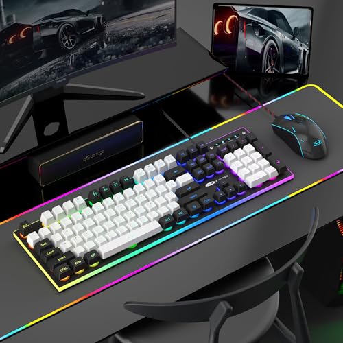 Image of MageGee Gaming Keyboard and Mouse Combo, True RGB Backlit Membrane Office Keyboard, 104 Keys Metal Panel USB Quiet Wired Keyboard for Windows Laptop PC - White /Black