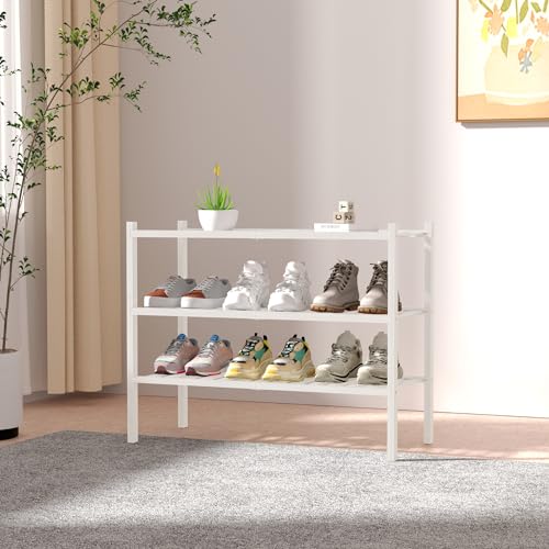 3 Tier Bamboo Shoe Rack for Closet Free Standing Wood Shoe Shelf Storage Organizer for Entryway Small Space Stackable 27"x11"x20" (White)