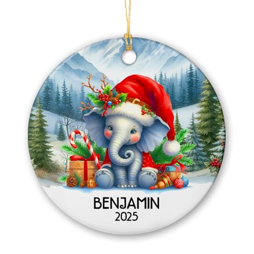 Customized Elephant Xmas Ceramic Ornament, Personalized Name Elep...