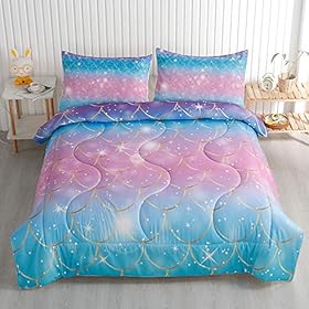 Roscloud Kids Mermaid Scale Twin/Full Comforter Sets Rainbow Girls Bedding Sets - Clolorful Scale Golden Border Diamonds… 519yTYEm++L. SS280