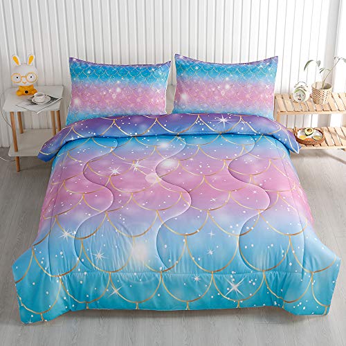 Roscloud-Kids-Mermaid-Scale-TwinFull-Comforter-Sets-Rainbow-Girls-Bedding-Sets-Clolorful-Scale-Golden-Border-Diamonds-Pearl-Stars-Quilt-Set-Bedspread-7286-Inch-Comforter1-Pillowcase2 519yTYEm++L
