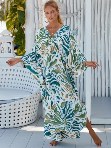 Image of IMAGEKOPE Women's Plus Size Animal Print V-Neck Batwing Kaftan Beach Dress Bathing Suit Cover-Up Loungewear