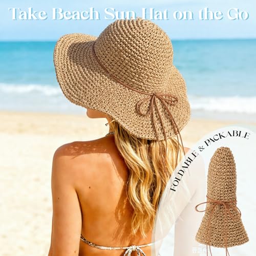 Image of Beach Sun Straw Hats for Women, Floppy Wide Brim Summer Straw Hats, Foldable Packable Roll up Cap
