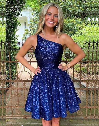 One Shoulder Short Sequin Homecoming Dresses for Teens Sparkly Prom Cocktail Dress with Pockets3