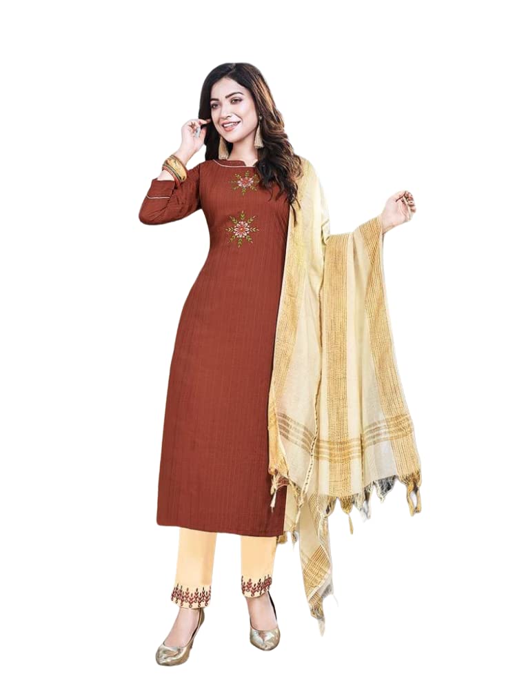 NairaWomen's Chinon Dobby Weaving Silk with Handwork & Mirror Embroidery Work Kurta, Pant & Dupatta Set (Mehroon, Free Size)