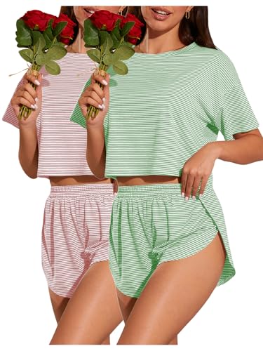 Image of OYOANGLE 2 Pack Pajama for Woman Set Summer Cute PJ Sets Striped Short Sleeve Tshirt and Split Shorts Lounge Set