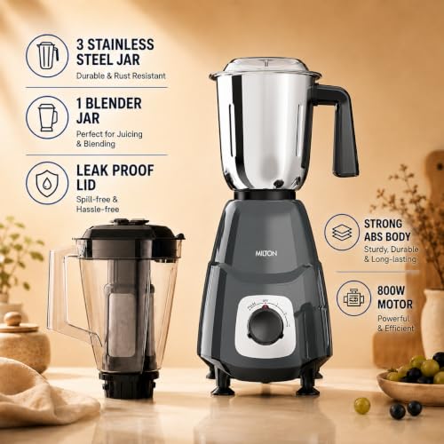 Image of Milton Appliances Ascent 1000W Mixer Grinder With 4 Jars (3 SS + 1 Juicer with Fruit Filter) | Super Grindstone Blade Technology | ISI Certified | 22000 RPM | 2 Yr Product & 5 Yr Motor Warranty | Grey