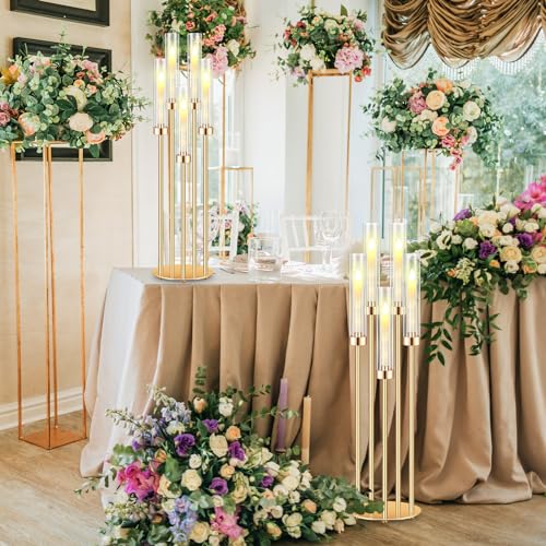 Tandefio 4 Set 5 Arm Gold Candelabra Centerpieces for Table, 35'' Tall Wedding Metal Candlestick Floor Holder Acrylic Clear Lampshades with 20 LED Candles for Wedding Party Event Table Fireplace Decor - Image 3