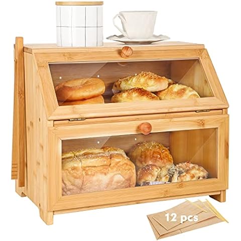 HOUSALE Bread Bin, Two-Layer Bread Box, Bread Storage for Kitchen Counter with Front Flap & Transparent Window and Bread Clip, 2 Compartments Natural Bamboo Wood, Easy and Quick Assembly Cover