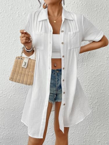 Bsubseach Swimsuit Cover Up for Women Short Sleeve Button Down Blouse Bathing Suit Cover Ups Cotton Beach Shirt Dress3