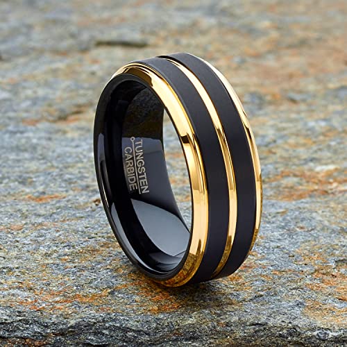 Men Tungsten Two-Tone Wedding Band Grooved Ring 8MM Black Goldtone Silvertone3