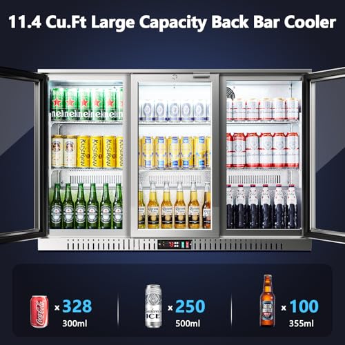 BODEGA BODEGACOOLER Back Bar Cooler With 3 Glass Doors,11.4 Cu.Ft Stainless Steel Commercial Back Bar Fridge with LED Lighting,Counter Height Bar Beverage Cooler for Beer,Soda Drinks,Wine on Fridge.com