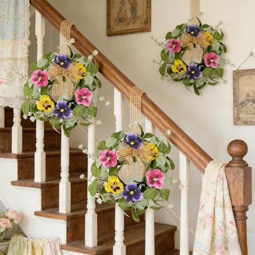 Image of 4 PCS Mini Spring Summer Kitchen Cabinet Wreaths Small Pansy Flowers Wreath for Front Door with Fern Branches Ribbon Small Flocked Lamb Ear Leaves Wreath for Indoor Outdoor Farmhouse Porch Wall Decor
