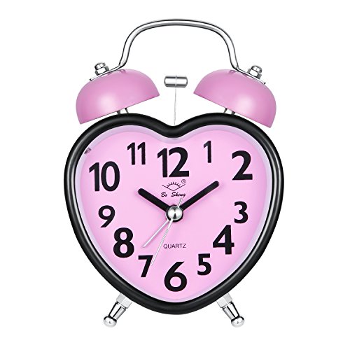 Alarm Clock for Kids, Silent Desk Travel Clock, Cute No Ticking Twin Bell Alarm Clock with Nightlight for Girls Bedrooms, Heavy Sleepers (Pink)
