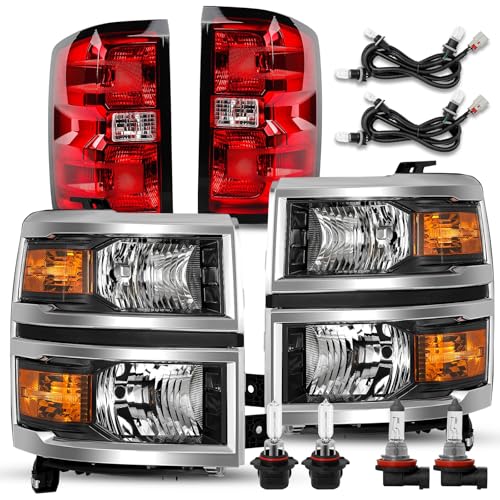 Image of TUSDAR Upgraded Lens Headlight and Tail Light Assembly Fit for 2014 2015 Chevy Silverado 1500 Pickup Truck OE Style Halogen Headlamps Replacement Chrome Housing /Driver & Passenger Side w /Bulbs