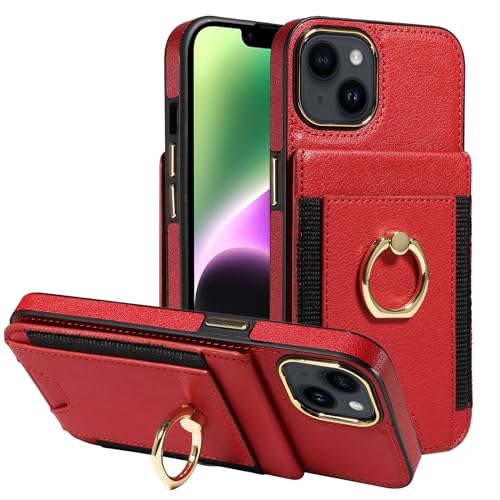 S. Tedazo compatible with iPhone 14 Wallet Case with Credit Card Holder and 360° Rotation Ring Stand, RFID Block Flip Leather Shockproof Cover(6.1 inch,Red)