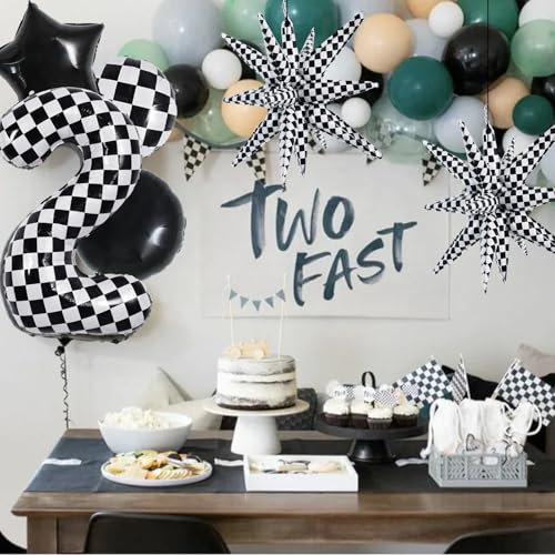 Image of TONIFUL 2nd Birthday Balloons Kit 40 Inch Checkered Number 2 Foil Balloon