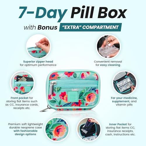 Image of Made Easy Kit Pill Case - Weekly Medicine Organizer with Removable Seven-Day Vitamin & Supplement Box - Premium Neoprene for Travel Purse Accessory (Teal)