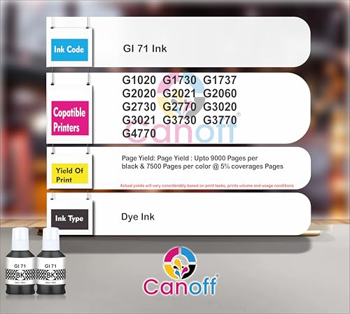 Image of CANOFF GI 71 Black Ink Compatible for Canon Printer G1020 G1730 G1737 G2020 G2021 G2060 G3020 G3730 G3770 G4770 (Gi-71 Black 2pc. x 135ml)
