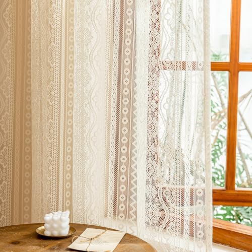 Image of MYSKY HOME Beige Lace French Door Curtains 40 inch Long 2 Panels Boho Sheer Floral Curtains for Door Window Scalloped Doorway Sidelight Curtains Come with 2 Matching Tie-Backs, 26 inch Wide Each Panel