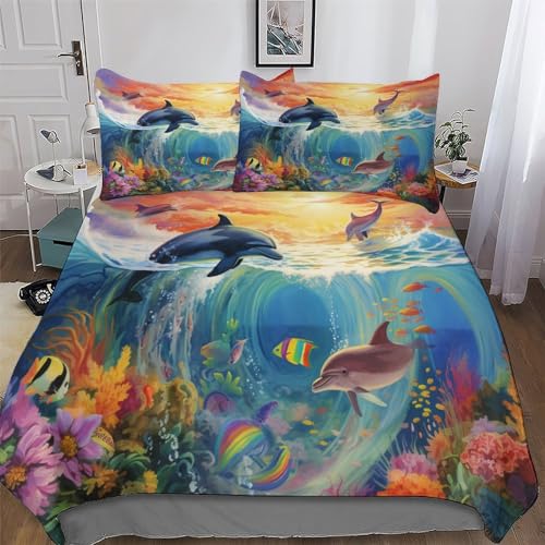 Housse de couette dauphin 200x200 parure de lit 3 pièces microfibre - 2