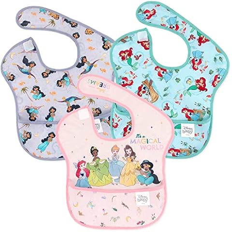 Bumkins Disney Bibs for Girl or Boy, SuperBib Baby and Toddler for 6-24 Months, Essential Must Have for Eating, Feeding, Baby Led Weaning, Mess Saving Waterproof Soft Fabric, 3-pk Princess Magic Cover