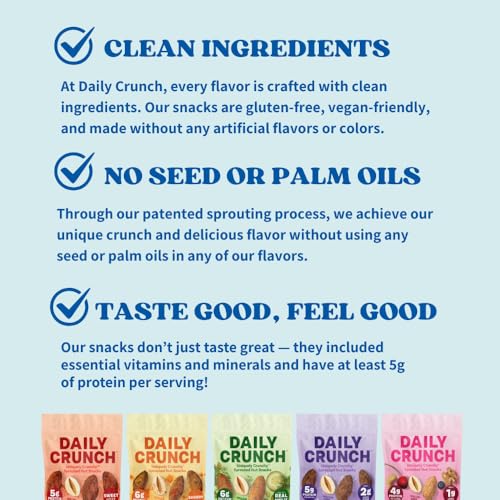 Image of Daily Crunch Sprouted Almonds, 4oz Pantry Resealable Bags (Family Pack, 5 Pack) (Packaging May Vary, Contains: Dill Pickle, Cocoa and Sea Salt, Turmeric and Sea Salt, Nashville Hot,Cherry Berry)