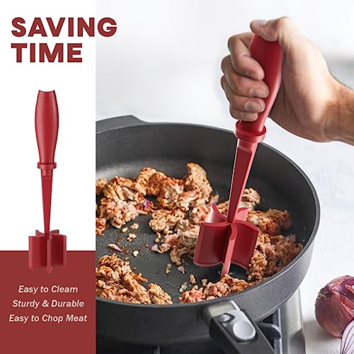 Image of Meat Chopper, Upgrade Hamburger Smasher, Premium Heat Resistant Meat Masher for Ground Beef, Ground Turkey and More, Non Stick Mix Grinder-Red | Heat Resistant, 5 Nylon Blade, Burger Grinder Potato Mix Tool, Meat & Poultry Tenderizers, Dishwasher Safe, Red