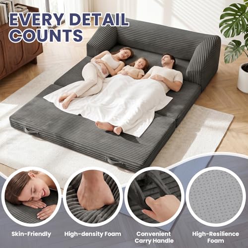 Image of JUIKURY Convertible Sofa Bed, 3-in-1 Foldable Loveseat Couch with Armrest, Corduroy Floor Sofa & Sleeper Bed, No Assembly High-Density Foam Futon Mattress for Living Room, Small Apartment, Dorm