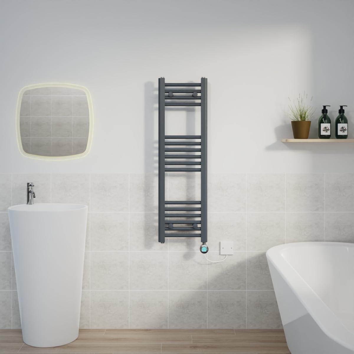 Warmehaus Prefilled 1000x300mm Straight Electric Heated Towel Rail with Timer Thermostatic Bathroom Radiator Anthracite - 400W(Chrome Heating Element) — image 1