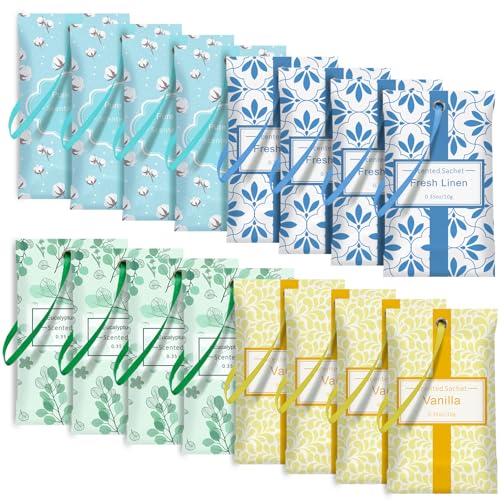 SCENTORINI Sachets for Drawers and Closets, Sachets Bags Long-Lasting, Linen Vanilla Cotton Eucalyptus & Sage, Pack of 16, Home Fragrance Sachet for Shoecase, Gym Bags, Wardrobe, Suitcases