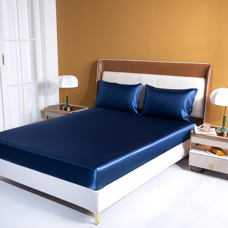 JUWENIN Silky Soft Solid Matte-Satin Hotel Luxury Silky Bed Sheet Sets Shiny-Free,Deep Pocket t Fitted Sheet, Flat Sheet, Pillow Cases (Queen, Navy)