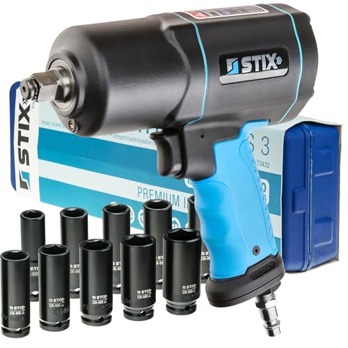 STIX Druckluft Schlagschrauber 1/2" 1900Nm mit 10x Stecknüsse CR-MO 13-26mm, Hochwertiges Reifenwechsel Set, Twin Hammer, robust & langlebig für Profi-Einsatz