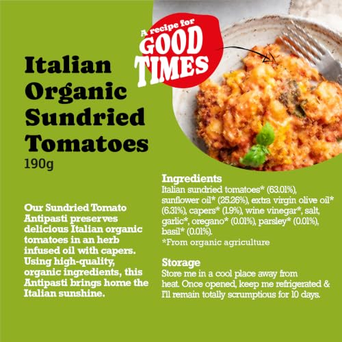 Mr Organic Sundried Tomato Antipasti - Authentic Mediterranean Flavours - Vegan-Friendly - Made with Organic Ingredients - Intense and Tangy Taste - Perfect for Antipasto Platters - 190g Jar