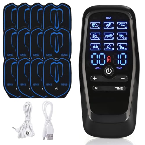 GuKKK Electroestimulador Muscular,3 EN 1 TENS/EMS Magnetoterapia para Aliviar el Dolor Muscular y Fortalecer los Músculos, 2 Canales con 9 Modos de Masaje y 30 Velocidades Ajustables,12 Parches