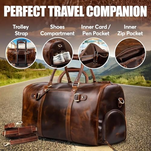 ELIZO Leather Duffle Bag For Men Women Real Full Garin Custom Travel Overnight Weekender Carry On Luggage Sports Gym Bags (Antique 20 Inch) Legacy4